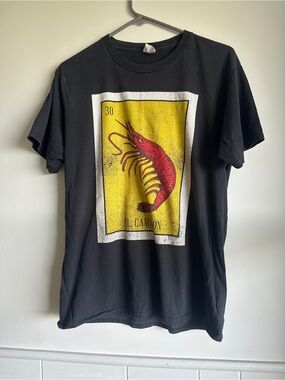 Men's Black Graphic Tee with Yellow Panel and Red Shrimp Print